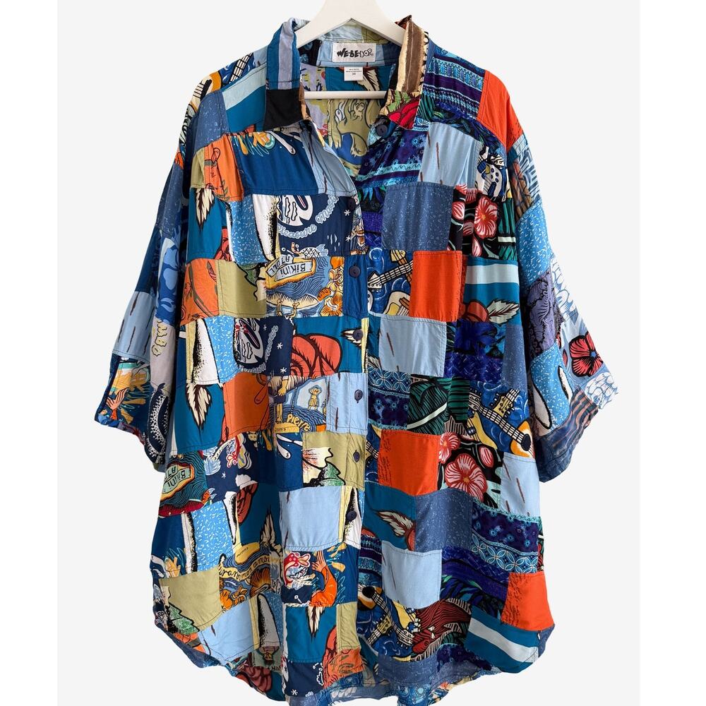 We Be Bop Patchwork Shirt Atomic Bikini Atoll Tropical Print Rayon Button Up 3X